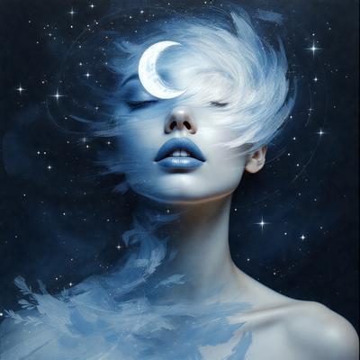 The primary subject of the image is a woman with blue hair, wearing makeup and a blue dress. She is looking up at the sky, possibly admiring the moon. The setting is a nighttime scene with a dark background, and the visual style is a digital art or illustration. The colors and mood of the image are predominantly blue, creating a serene and dreamy atmosphere.